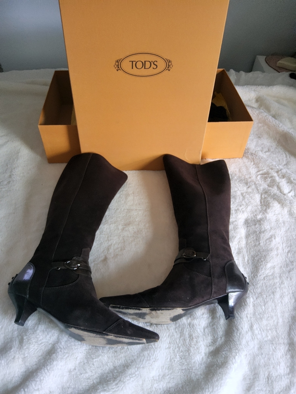 TOD'S Dark Brown Suede Knee-High Heeled Boots